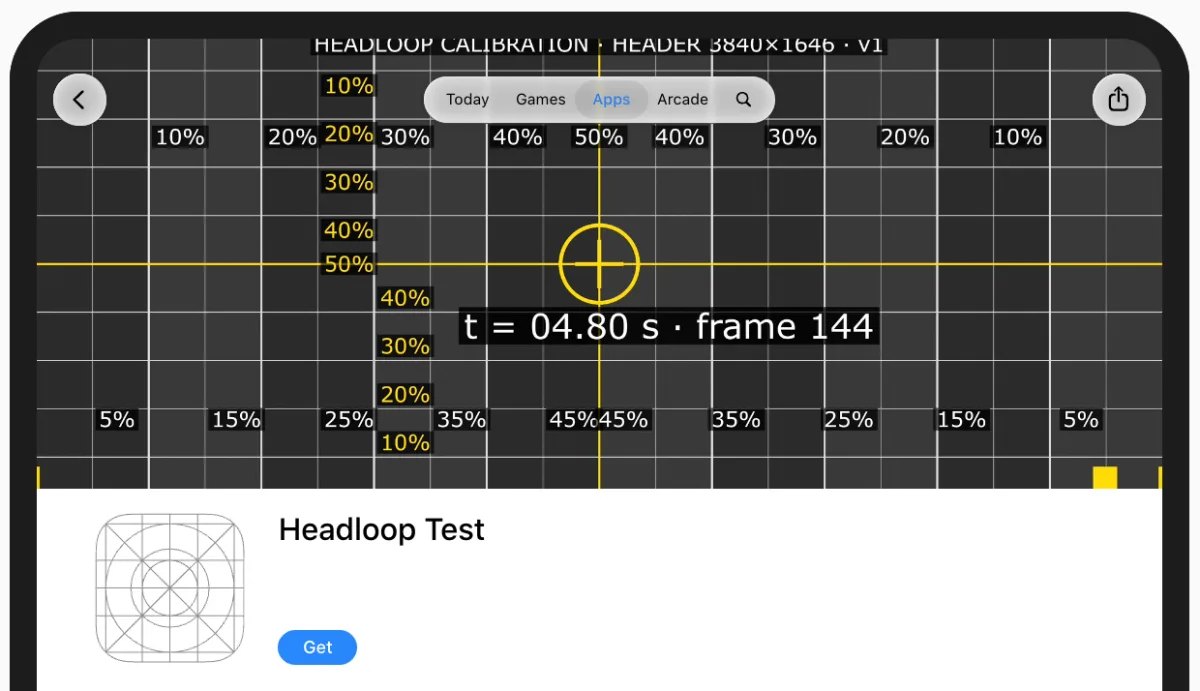 Our calibration grid as the header in the iPad preview in portrait, almost uncut, with the tab bar over the top centre.