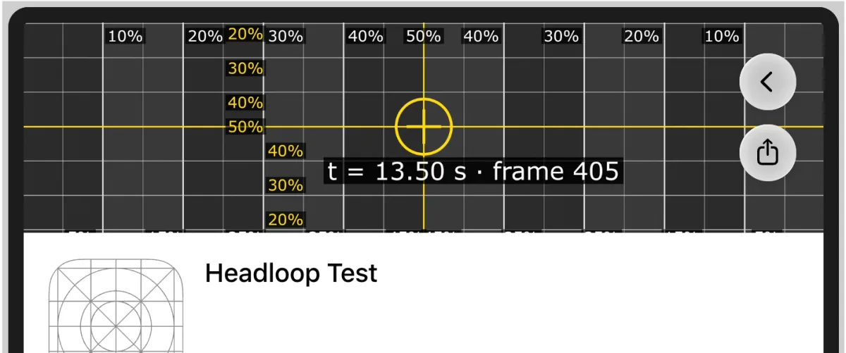 Our calibration grid as the header on the outer screen of iPhone Duo in landscape. The top title and the bottom row of labels are cut, and the buttons sit on the right edge.